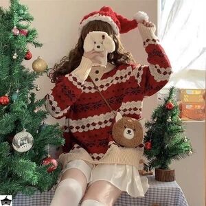 Festive Red and Cream Women's Sweater
